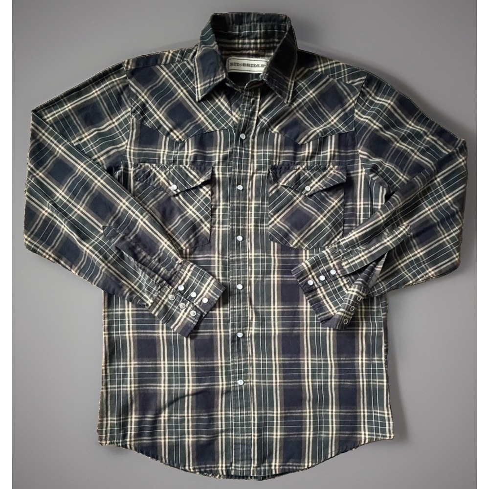 Bit & Bridle Long Sleeve Snap Front Shirt Green Brown Plaid Western Medium JBHS